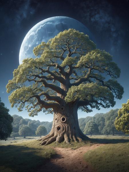 <lora:Lunar_Surface_SDXL:1> ais-lunar oak tree in the middle of a magical forest