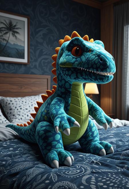 a cute plush t-rex dinosaur made out of batik fabrics,
on the bed, cozy room background,
masterpiece, 8k, octane render, ultra detailed, cinematic, Masterpiece, 3d octane render, hyperrealistic, High Detail, moody