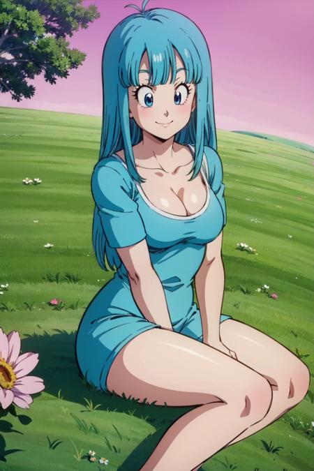 kai planet, pink sky,grass,flower,maron, 1girl, solo, sitting, aqua hair, blue eyes,long hair, blunt bangs,looking at viewer,straight hair,smirk, cleavage,  ( best quality, masterpiece)  <lora:otherworld_v1:0.8> <lora:maron_v0_5_dadap-000042:1>