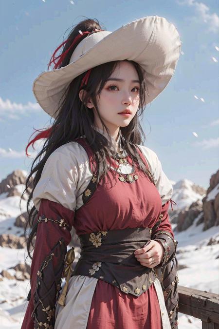 1girl wearing fanyang felt hat, big breasts, red cloak, long hair, armor, masterpiece, best quality, photorealistic, snowing,  <lora:fanyang_felt_hat_v2:0.6>