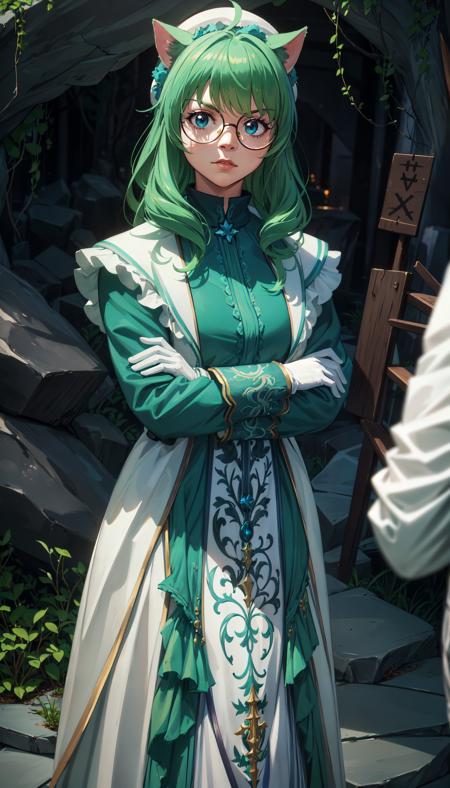 long hair green hair round glasses teal eyes cat ears white hat white dress capelet white gloves