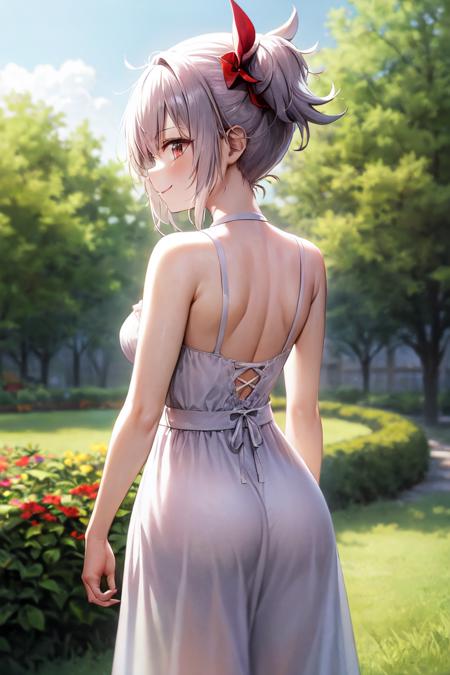 masterpiece, best quality, absurdres, perfect anatomy, 1girl, solo, Matsuri Kazamaki, hair ornament, pinwheel, from behind, sundress, yellow sundress, garden, day, sunshine, smile, looking back, <lora:MatsuriKazamaki:0.9>