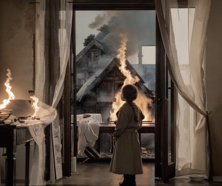 a burning house and people watching it, by_andrei_tarkovsky, <lora:Andrei_Tarkovsky_Style-20 (1):1>