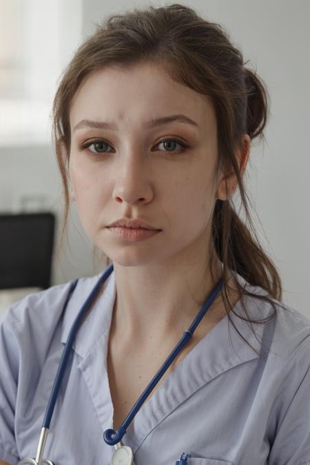 headshot, nurse, scrubs, at hospital, ponytail, worried expression, soft colors, bokeh, masterpiece, high quality, (high detailed skin:1.1)
 <lora:katelyn_nacon_lora_v01:1> k8nacon