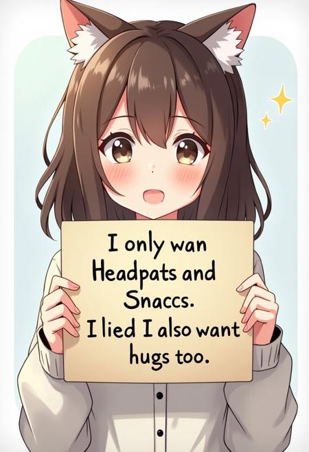 an brown haired anime girl with cat ears holding a sign with text "I only wan Headpats and Snaccs I lied I also want hugs too"