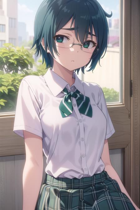 miharumikuni, <lora:miharu mikuni ova-lora-nochekaiser:1>,
miharu mikuni, short hair, (green eyes:1.5), glasses, blue hair,
BREAK skirt, shirt, school uniform, white shirt, socks, plaid, kneehighs, plaid skirt,
BREAK indoors, classroom,
BREAK looking at viewer, (cowboy shot:1.5),
BREAK <lyco:GoodHands-beta2:1>, (masterpiece:1.2), best quality, high resolution, unity 8k wallpaper, (illustration:0.8), (beautiful detailed eyes:1.6), extremely detailed face, perfect lighting, extremely detailed CG, (perfect hands, perfect anatomy),