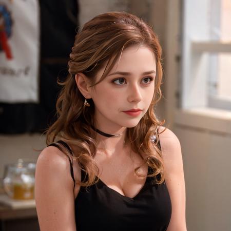 Photograph of (Pam Beesly:1.1), freckles, 1girl, backlighting, bare shoulders, black choker, blurry, blurry background, blush, breasts, choker, cleavage, closed mouth, collarbone, earrings, forehead, freckles, hair over shoulder, jewelry, long hair, looking down, pointy nose, red lips, shadow, solo, thick eyebrows, thick eyelashes, upper body, white hair , ((masterpiece)) <lora:sam_yang_offset:1> <lora:samdoesartsSamYang_offset:0.3> <lora:Pam:0.8>