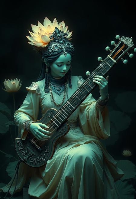 "Lotus Saraswati,  octocore, fusepunk, petrol colored, mucical instrument , illusion,  limitless, pale, chaotic, mucical notes , ultra detailed, cinematic  "