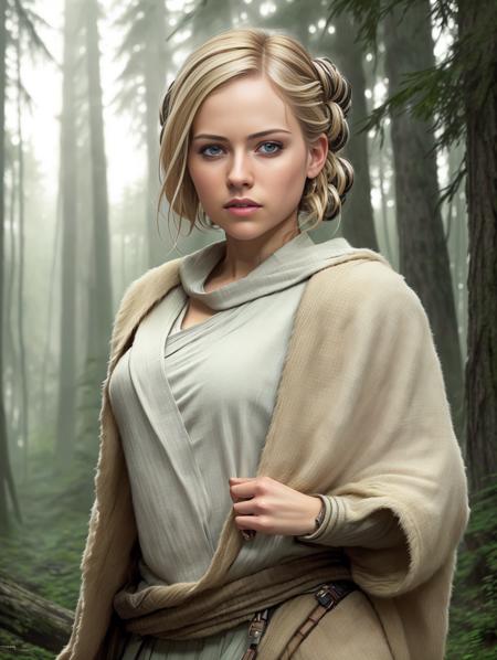 (8k, best quality, masterpiece),(best quality), (ultra highres), action pose, a beautiful woman <lora:AvrilV1:1.0>  , detailed iris, blonde hair, full body portrait, wearing rey jedi robes, star wars, forest endor background, modelshoot style, intricate, elegant, skin details, realism, (hyperrealism), (cinematic), (hyperdetailed), hdr