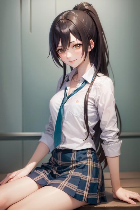 (masterpiece, best quality:1.2), <lora:idolmaster_sc_shirase-11:1>, cowboy shot, solo, 1girl, shirase sakuya, smile, looking at viewer, sitting, high ponytail, school uniform, collared shirt, necktie, plaid skirt