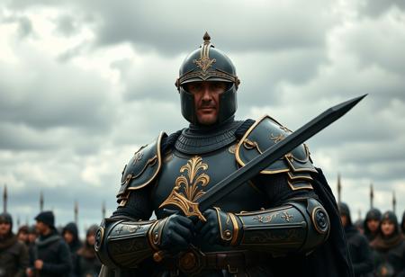 A highly realistic, photographic depiction of a powerful royal knight standing tall, exuding an aura of power and authority. He is adorned in a suit of armor that is predominantly black with elegant gold accents, a clear symbol of his identity, featuring a prominent gold emblem emblazoned on the chest. His matching black helmet with gold accents is topped with a gold crown, signifying his royal status. In his hands, he wields a black sword with gold accents, creating a harmonious color scheme, a tool of his trade and a symbol of his strength. Behind him, a group of people are visible but blurred, adding depth and context. The backdrop is a dramatic, gray and black cloudy sky with scattered clouds. This image captures a moment frozen in time, a snapshot of a knight in his element. High-res, 4K, Exceptional Quality, More Detail, Lifelike Details, Super Detailed Face and Eyes and Clothes (even if blurred), Handcrafted with Precision, High Quality, Sharp Lines, Stunning Colors, Harmonious Colors, Multi Colored (subtle atmospheric), Contemporary Aesthetics, Beautiful Matte Painting, Impeccable Composition, Creative Angle, Attractive Background, Balanced Editing, Intentional Focus, Well-timed Moment, Isometric (perspective influence), Dynamic Action Pose (subtle stance), Captivating Lighting (cinematic), Grammer Effect Style, Octane Render, Unreal Engine 5, CGSociety, Artstation Trending on ArtstationHQ, Golden Ratio.