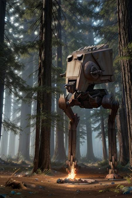 photo of a Star Wars ((AT-ST robot, <lora:st4rw4r54t5t:1>)), walking through a forest at night, explosions in the background, fire, outrun, dark sky, High Detail, Sharp focus, ((photorealism:1.2)), realistic, best quality, 8k, dramatic lighting, epic, cinematic, masterpiece, dutch angle, sports photography, ambient fog:1.3, volumetric lights,