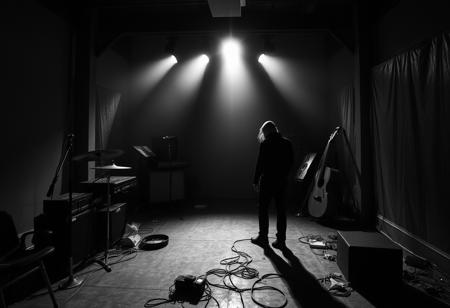 For the powerless analysis
To note the numerous chords, abstract scene, studio photography style, top hard light, black and white vintage photography, gothic, doom, mysterious, dark environment, grunge
