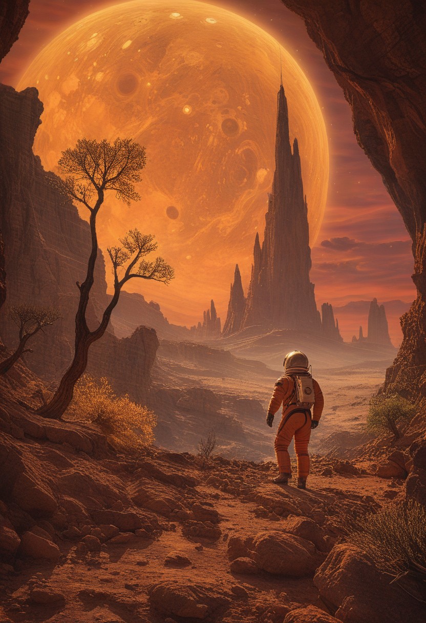 A lone astronaut stands tall at the edge of a dense alien world, framed by rugged landscape as sun sets behind him, casting warm orange glow on rustic terrain. His peaceful demeanor contrasts with the vastness of diverse trees and rocks stretching out in every direction. He gazes out at breathtaking scenery, rock cliff at his side,
masterpiece,absurdres,photorealistic,best quality