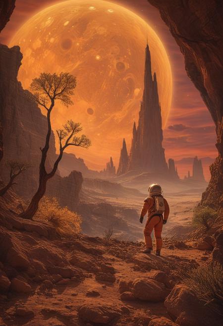 A lone astronaut stands tall at the edge of a dense alien world, framed by rugged landscape as sun sets behind him, casting warm orange glow on rustic terrain. His peaceful demeanor contrasts with the vastness of diverse trees and rocks stretching out in every direction. He gazes out at breathtaking scenery, rock cliff at his side,
masterpiece,absurdres,photorealistic,best quality