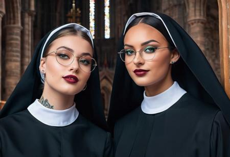 (RAW photo, subject, 8k uhd, dslr, soft lighting, high quality, film grain, Fujifilm XT3, masterpiece, best quality, extremely detailed photograph, volumatic light, ray tracing,, extremely detailed 8k wallpaper),   abstract fashion portrait of (two sexy nuns :2.0) and a pastor, (a cute  24yo german woman and a beautiful  23yo african girl, very long (light:2.0) white or brown or black skin, dressed as sexy nuns, dressed in latex, clear blue or green or black eyes, short or long light blond or very  long black  straigt or wavey or curly hair with undercut hairstyle, chin bangs, dread hairstyle, braid hairstyle, very (big:1.8) or very (big:2.0) , perky tits, perfect hourglass figure, delicate face and eyes, (glasses:0.8), (glossy:1.6) (pink or red or dark red or orange or blue or black or green or rainbow lips), painted nails, navel piercing, nose piercing, (tattoos:2.0), sexy pose), in church, colorful spot light, unreal colors, look at viewer, smile, kiss,