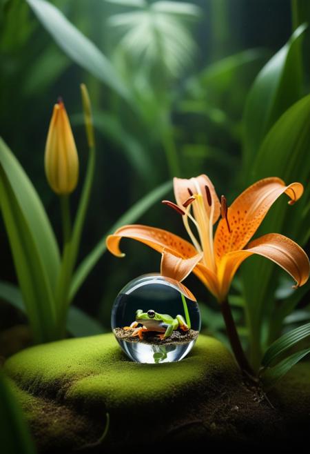 An intricate scene where a single drop of water, magnified, contains an entire miniature ecosystem. Inside the drop, a tropical forest filled with a green frog, tiger lilies, beautiful.