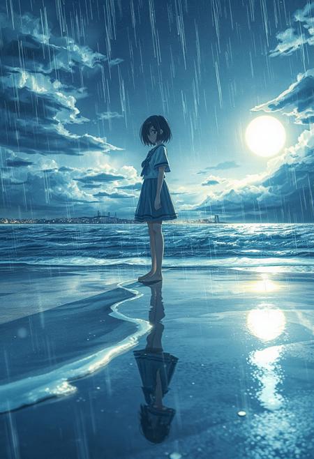 Vertical 9:16 cinematic anime scene, ultra-detailed 4K, in the style of “Weathering with You” key art: a lone girl in a rain-soaked school uniform standing barefoot on a deserted sandy beach; gentle surf laps at her feet under silvery moonlight; distant lights of a harbour city glimmer on the horizon; soft cloud layers receding into depth; drifting feenstaub particles catching every moonbeam; volumetric light shafts through breaks in moving clouds; parallax-ready composition with wet sand patterns in crisp foreground, girl in sharp midground, distant skyline softly blurred; hyper-detailed watercolor cel shading, raindrop gloss, subtle bloom and film grain; dreamy, enchanted atmosphere