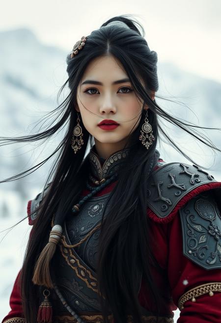 symmetrical full shot of a mongolian warrior girl, standing pose, long hair, black hair, jewelry, red eyes, makeup, red lipstick, pale skin, white skin, armour, earrings, wearing elegant costume, in the moutains at winter, winter, snow in the background,  skin texture, best quality, ultra-detailed, analog style, cinematic light, sidelighting, ultra high res, serious expression , closed mouth, wind, mist