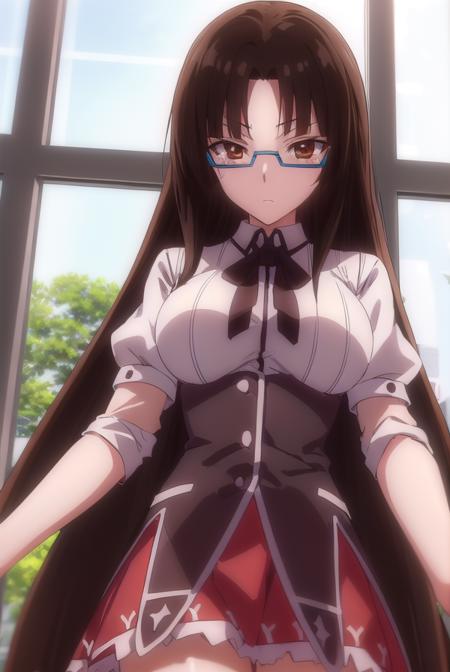 tsubakishinra, <lora:tsubaki shinra anime s2-lora-nochekaiser:1>,
tsubaki shinra, long hair, black hair, (brown eyes:1.5), glasses, semi-rimless eyewear, under-rim eyewear, (parted bangs:1.5), bangs, blunt bangs,
BREAK shirt, ribbon, school uniform, white shirt, black ribbon, neck ribbon, long sleeves, skirt, red skirt,
BREAK indoors, classroom,
BREAK looking at viewer, (cowboy shot:1.5),
BREAK <lyco:GoodHands-beta2:1>, (masterpiece:1.2), best quality, high resolution, unity 8k wallpaper, (illustration:0.8), (beautiful detailed eyes:1.6), extremely detailed face, perfect lighting, extremely detailed CG, (perfect hands, perfect anatomy),