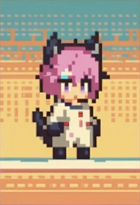 score_9, score_8_up, score_7_up, nia, cat girl, cat tail, chibi, pixel art, full body, outdoors, convenience store