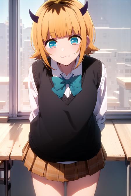 best quality, masterpiece, detailed,
<lora:OshiNoKo_MEMcho:0.8>, memcho,
closed mouth, :3, smile,
short hair, blonde hair, multicolored hair, aqua eyes, blunt bangs, horns,
school uniform, sweater vest, collared shirt, sleeves rolled up, brown skirt, bowtie,
standing, looking at the viewer, leaning forward, arms behind back,
classroom