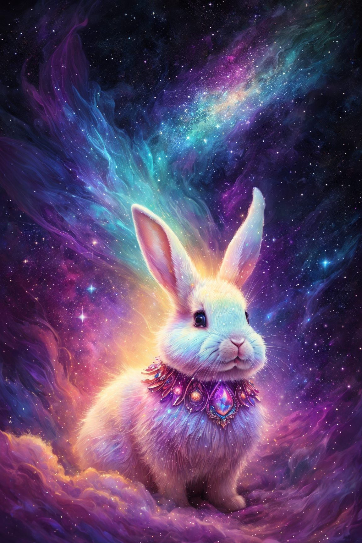 splash art of an up close portrait of a nebulae bunny floating in sparkling space clouds, wearing a jeweled collar, made o...