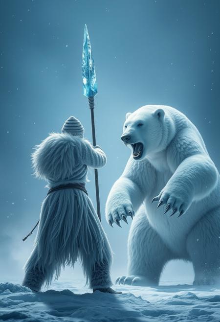 "Image of a snow spirit, a great hunter, poised to throw their massive spear, the tip of which is made of magic blue ice. The hunter's arm is cocked back, ready to unleash the spear at the giant ravenous snow bear standing across from them. The bear, its eyes fixed on the hunter, is ready to attack, its massive paws raised and claws extended. The two enemies face each other in an epic standoff, their eyes locked in a fierce stare. The moment is frozen in time, with the hunter's spear about to fly and the bear's attack imminent. Style: dramatic, intense, and action-packed, with a focus on capturing the tension and power of the moment." Absurdres Highest-Quality, 4k