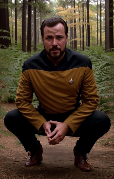 a man with a beard in a operations s3sttngsuit uniform in a forest, 8k uhd, dslr, soft lighting, high quality, film grain, higly detailed face,ultra detailed,masterpiece quality,Fujifilm XT3 <lora:STTNGV018:0.8>