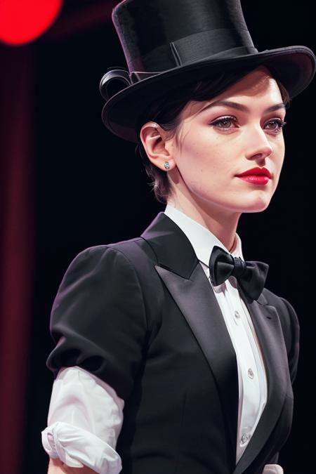 photo of a woman, daisyr-1836,((wearing a tuxedo jacket, shirt, bowtie, top hat, short hair):1.1), ((closeup, portrait)),((on stage, spotlights):1.2), ((red lipstick, makeup)), (smile), ((best quality, masterpiece, extreme details, high resolution):1.2),((detailed eyes, beautiful eyes, detailed face, beautiful face):1.2)