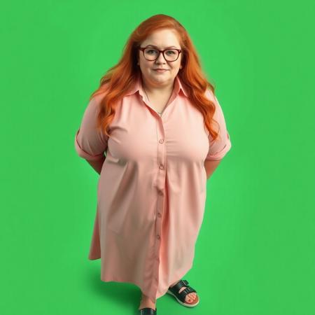 masterpiece portrait of British plus size woman::1.4, Norman Rockwell style::1.2, photographic realism art::1.1
(physical description: full body shot:1.5, mature plus size woman with fair skin and visible wrinkles, long red hair, soft posture:1.1)
(facial features, expression: calm, expressive mature face with relaxed expression and gentle wrinkles, distinctive eyeglasses:1.0)
(clothing details: light-colored collared knee-length shirtdress, possibly pink or peach, modest and flowing fabric, pendant necklace visible at collar:1.0)
(accessories: two-strap velcro sport sandals:0.9)
(background setting: standing in front of a chromakey green background:0.9)
(lighting style: even studio lighting with soft shadows, no color casting:0.8)
(composition and camera framing: full body shot, front-facing, centered in frame:1.0)
(emotional tone or theme: poised and neutral, designed for flexible background replacement:0.9)
(technical execution: high-resolution detail, neutral lighting for editing flexibility:0.8)