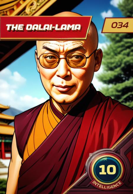 (best quality, masterpiece, absurdres, highres, ultra_detailed, dynamic angle:1.2), herocard, intelligence10, portrait of the dalai lama, glasses, buddhist temple background, index034, (intricate details, hyperdetailed:1.15), (ultrahigh resolution textures), bokeh, (volumetric, cinematic) lighting, depth of field, <lora:marvel_promo_cards_2023_locon_xl_hero_v1:0.8>