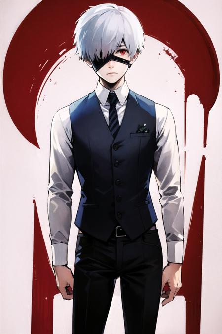 kaneki ken, solo, necktie, red eyes, shirt, mask, male focus, 1boy, black pants, white shirt, pants, white background, black vest, simple background, collared shirt, short hair, grey hair, vest, hair over one eye, black necktie, looking at viewer, kirishima touka, bangs, long sleeves, cowboy shot, eyepatch, mouth mask, standing, <lora:Ishida Sui:0.8>