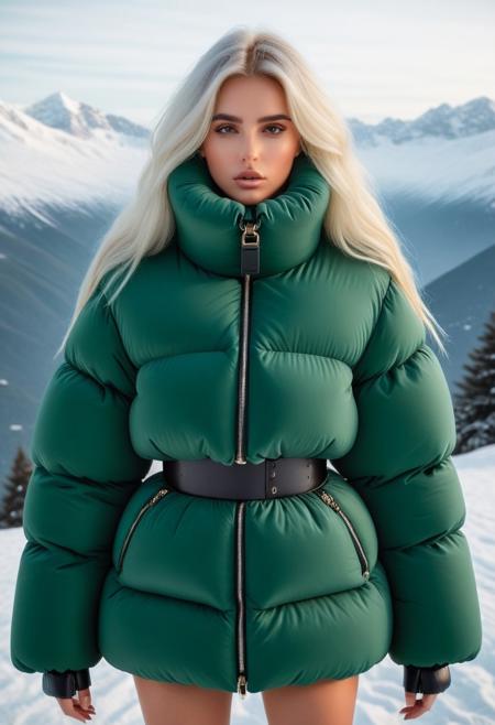 high tech mad science mind-control collar, ziped up oversized thick sherpa padded puffer coat with large turtleneck, With Having Her Entire Neck Covered In Thick Padded Neck Brace, very cold, puffer skirt, full body, winter, snow, mountains, 1girl, masterpiece, detailed face, detailed eyes, beautiful detailed eyes, sidelighting, super detail, hyper detail, intricate_details, detailed, looking at viewer, very detailed face, Blonde hair, white hair, absurdly long hair, hair between eyes, straight hair, green eyes, put your hair behind your ears, eyelashs, eyeliner, eye shadow, wet hair, sweat, white skin, Angry face, blush, padded cuffs, padded collar, Thick padded cuffs, Thick padded collar, sprawled, bound, bdsm, restrained, cuffs, spread legs,spread arms, <lora:Collar-SDXL:0.6>, <lora:Cuffs-SDXL:0.6>, <lora:Puffer_Jacket_and_Down_Jacket_-_Extra_Puffy_Jackets:0.6>, <lora:puffer_skirt_v1:0.6>
