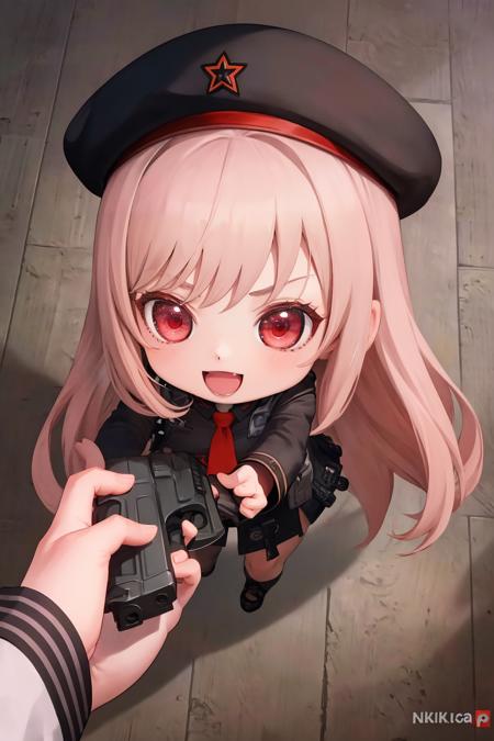 masterpiece, best quality, 1girl, godoacrime, from above, chibi, pov, holding gun, <lora:rapi-nikke-richy-v1:0.8> rapi \(nikke\), rapidef, red eyes, hat, <lora:GoDoACrime meme:1> :D