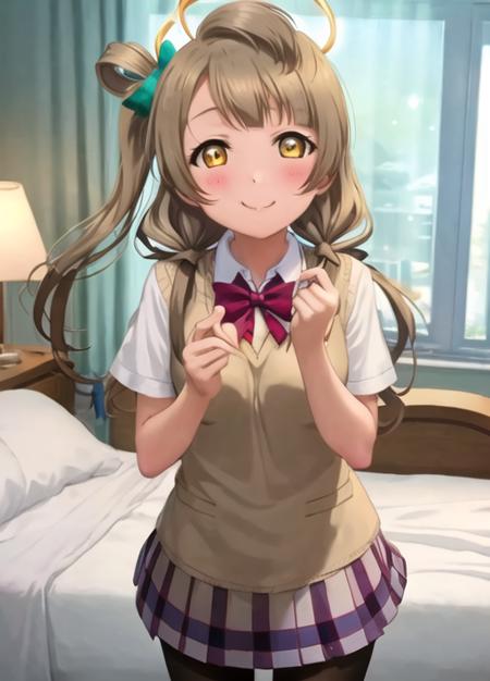 minami kotori, 1girl, solo, <lora:minami_kotori_v3:0.9>, masterpiece, 1girl, best qualiti, ultra detail, (shiny), school uniform, ((bedroom)), indoors, bed, :p, blush, ray tracing,perfect lighting, (shiny skin:1.2),reflection, long_hair, looking_at_viewer, blush, skirt, ribbon, twintails, yellow_eyes, pantyhose, bag, black_pantyhose, low_twintails, light_brown_hair, halo, nipples, nsfw,