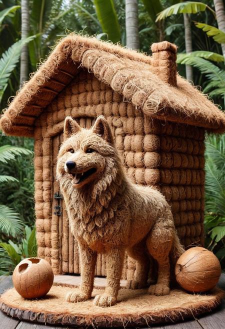 A coconut home, a wolf in front of it, smiling, detailed, pamcocomat