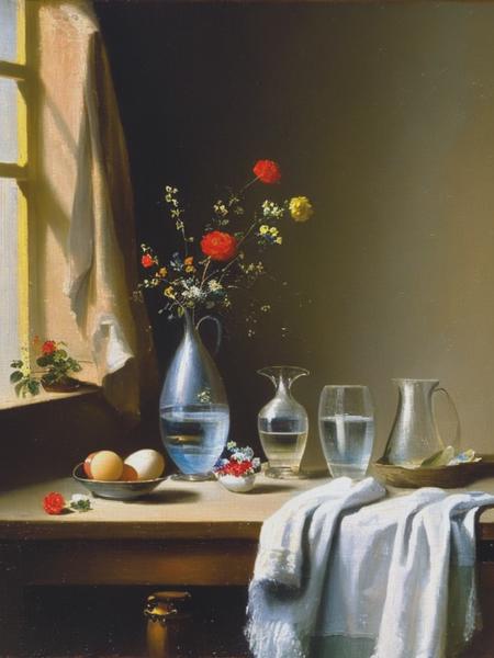 <lyco:Jean-BaptisteSimeonChardin:1.0> a still-life oil painting by Jean-Baptiste-Simeon Chardin. Water glasses, water bottles, dry flowers, eggs, cloth, light from open window on the left, reflections on the wet wall, rainbow, mist. This is a very detailed oil painting, using the granular impasto style, thick visible texture, rendered by a palette knife