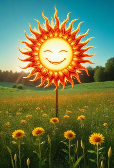 Create an image that depicts the fiery energy of the element of fire. The main focus is a massive, smiling sun with flames bursting out of its crown, set against a vibrant, turquoise sky. In the foreground, a lush, green meadow teems with wildflowers, waiting for the sun's nourishing rays and warmth. The atmosphere should be one of anticipation and serenity, as if the very presence of the sun is about to awaken new life and vitality. The image should evoke a sense of wonder and awe, capturing the essence of the element's transformative power. hyper realistic photo, RAW.