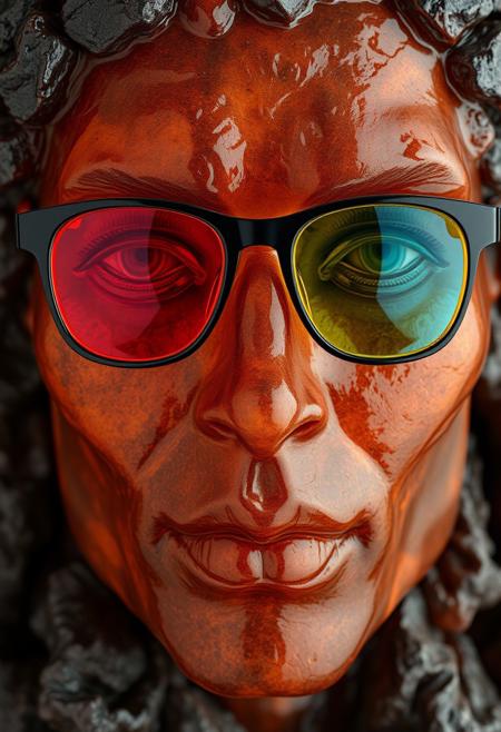 "Create a hyper-realistic image of a face composed of volcanic colored glass, with a rich, molten texture and a deep, earthy hue. The face is intricately detailed, with every facet and imperfection visible. The glass is carefully shaped to form a realistic facial structure, with subtle curves and angles that evoke a sense of depth and dimension. The face is wearing a pair of glasses with primary colored lenses - red, yellow, and blue - which add a pop of vibrant color to the image. The glasses are precisely rendered, with every detail from the frames to the lenses meticulously captured." highest-Quality, 8 k, intricate details, visually stunning, Masterpiece