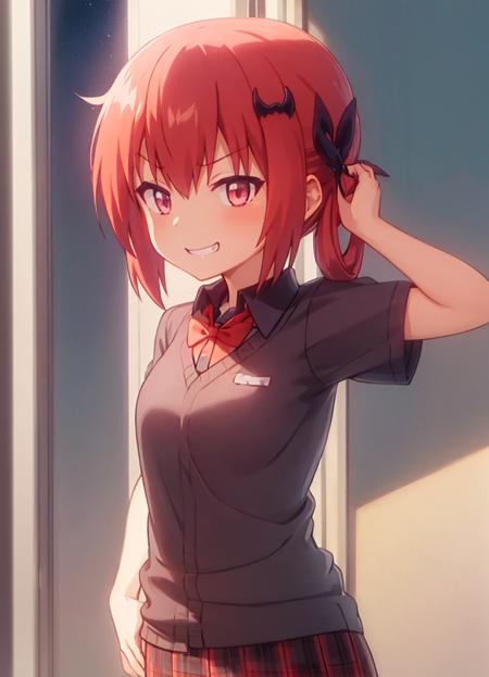 satanichia_kurumizawa_mcdowell, 1girl, solo,,hair bow,  <lora:satanichia_v1:0.8>, blue_sky, solo, sky, smile, school_uniform, short_sleeves, upper_body, day, shirt, window, sweater_vest, (red bow:1.25), (hair ornament:1.25), (illustration:1.1),(best quality),(masterpiece:1.1),(beautiful and clear background:1.25),(extremely detailed CG unity 8k wallpaper:1.1), (colorful:0.9),(depth of field:0.75)