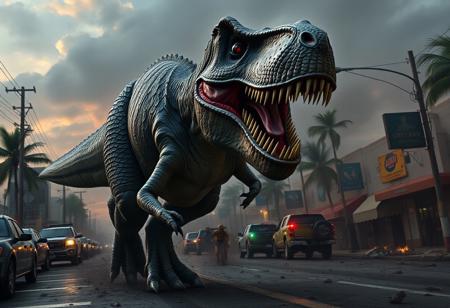 Photorealistic, Photograph of a T-rex rampaging through the streets of florida, massacre, chaos, realistic, highly detailed