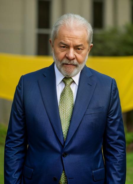 (man, lula:1.5), (upper body, old man, white hair, white beard, blue suit, white shirt, blue tie, looking at viewer), green_and_yellow flag, brazilian flag, president, depth of field, (RAW, Canon EOS 5D Mark IV, 85mm lens, award-winning photograph, subsurface scattering, radiant light rays, high-res, detailed facial features, high detail, dslr, extremely detailed, detailed hair, detailed skin, detailed clothes, max detail, realistic shadows, roughness, natural skin, real life, ultra-realistic, photorealism, photography, 8k, UHD, hdr, intricate, highly detailed, sharp focus, stunning, realistic textures, best quality, masterpiece, detailed eyes, detailed iris:1.1)