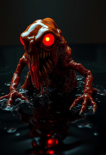 Photo of a terrifying creature emerging from a pool of dark, sticky liquid. Its body is a twisted mass of bubbling syrup, with jagged, sharp teeth made of glass and metal, resembling broken bottles. The monster's eyes glow an eerie, unnatural red, and its limbs are elongated, dripping with the same syrupy substance that trails behind it. The surface of its skin is slick and shiny, with fizzing bubbles that seem to burst and reform constantly. The background is dimly lit, with only the faint glimmer of red light reflecting off the creature's glossy body. The atmosphere is unsettling and ominous, evoking a sense of dread as the creature advances, leaving a trail of dark, viscous liquid in its wake. <lora:aesthetic10k:1.2>