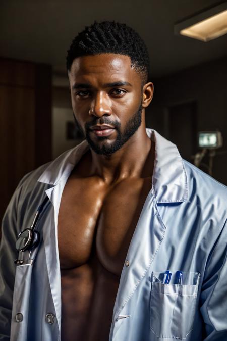 realistic, masterpiece, best quality, detailed, natural lighting, soft shadow, detailed background, photography, depth of field, intricate details, detailed face, subsurface scattering, realistic eyes, muscular, photo of a handsome (african man), sexydoctor, coat, (30 years old), beard, gloves, surgical mask, hospital,