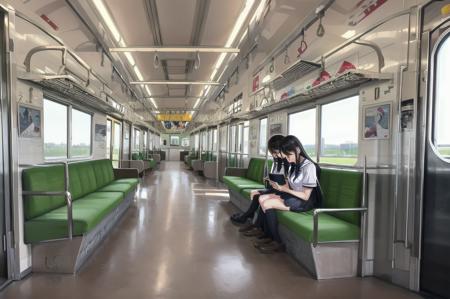 masterpiece, best quality, ultra-detailed, illustration,
multiple girls, glasses, black hair, long hair, school uniform, school bag, sitting, sleeping, holding,  smartphone,  laughing, 
JNR205, train interior, scenery, seat, indoors, vanishing point, window, door, poster (object), realistic, 
<lora:JRE205_V2_1.0_MIDD:0.8:XYZ>