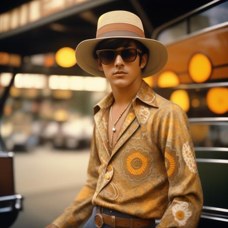 a vintage retro 60's photo of a man with a hat, brown hair, floral retro button up shirt. standing next to a dinner.
<lora:RetroStyleV1:1> 60Retro69Punch75, Retro aesthetics, aged film look, sepia tone, classic framing, vintage props, nostalgic atmosphere, grainy texture, antique colors, soft focus, old-fashioned elegance, timeless beauty, Intricate, High Detail, dramatic