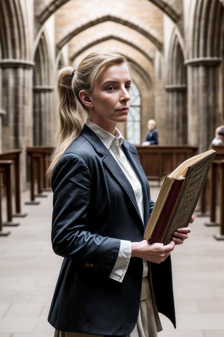 <lora:betty_gilpin_lora_v1> betty_gilpin, 1girl, blonde hair, long hair, looking at viewer, wizard outfit, hogwarts main hall, students in background, ponytail, white collar, black blazer, holding old book, cute