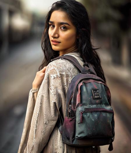 a shk woman, street posing, backpack, ponytails, epic realistic, photo, faded, complex stuff around, intricate background, soaking wet evening, neutral colors, ((((hdr)))), ((((muted colors)))), intricate scene, artstation, intricate details, vignette, close up