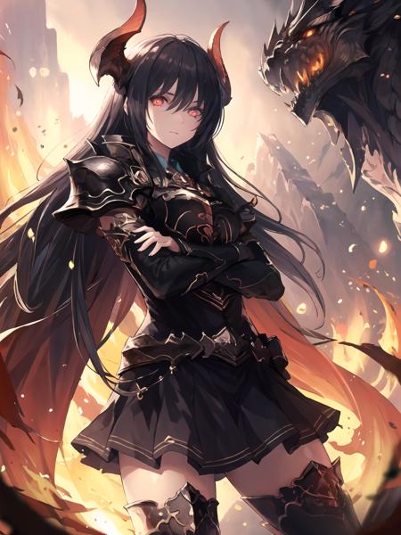 masterpiece,best quality,highres,cinematic lighting,dramatic angle,1girl,<lora:ForteV13-000030:0.8:lbw=forte>,black hair,horns,red eyes,long hair,black armor,thighhighs,skirt,looking at viewer,serious,skirt,cape,fire,symbol-shaped pupils,portrait,arms crossed,crossed arms,arms around chest,from below,glowing eyes,shaded face,depth of field,dragon in the background,close-up